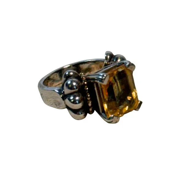 Vintage LAGOS CAVIAR Sterling Silver & 18K Gold Emerald Cut CITRINE Ring 6.75 - Picture 13 of 15